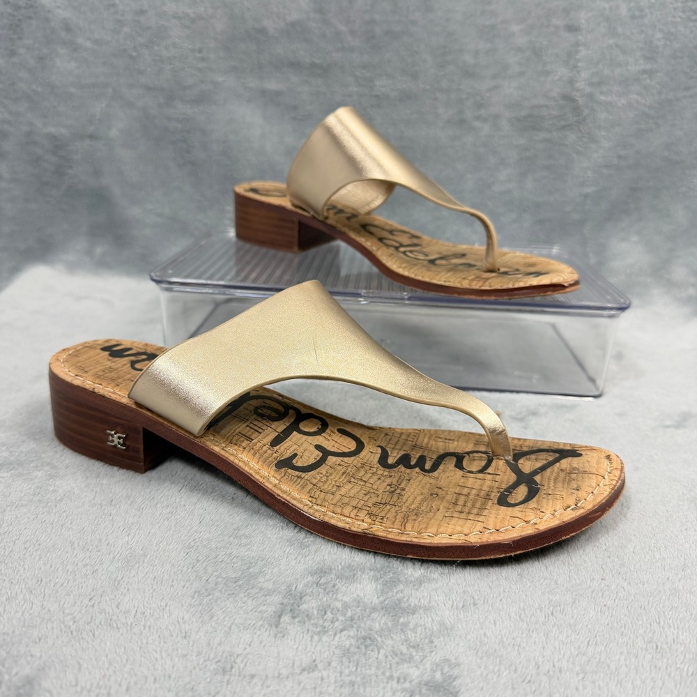 Sam Edelman Womens 9 Gold Heeled Flip Flop Sandal Metallic Leather Cork Boho
